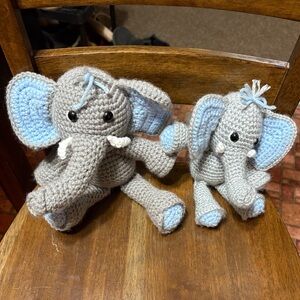 Handmade Gray and Blue Crochet Elephant Plush Set